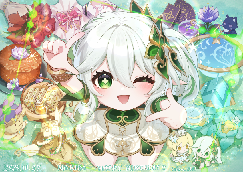 1girl, ;d, absurdres, aranara_(genshin_impact), blue_flower, blush, bouquet, bracelet