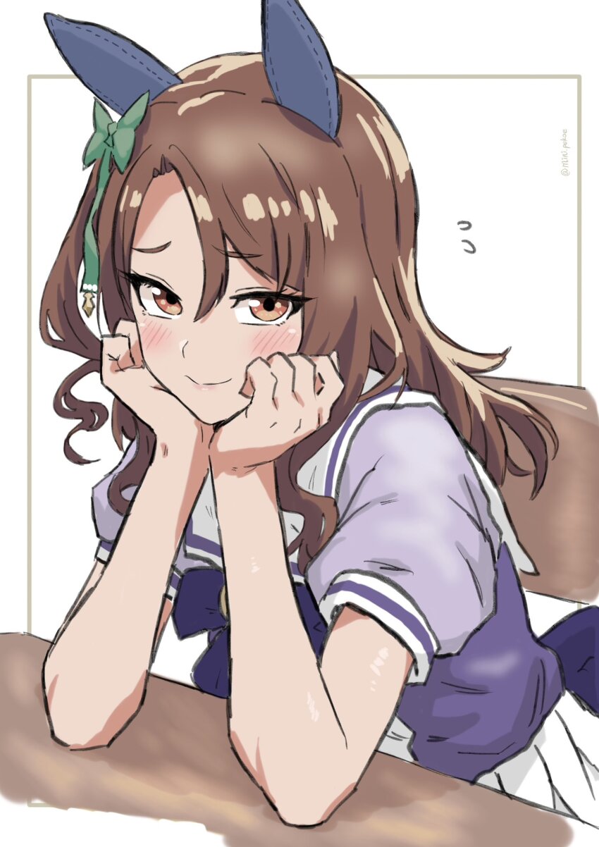 1girl, animal_ears, blush, bow, brown_eyes, brown_hair, closed_mouth, commentary_request