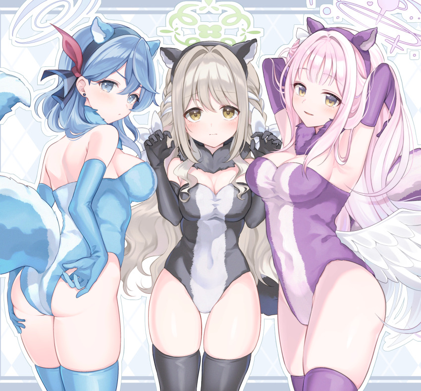 3girls, absurdres, adjusting_clothes, ako_(blue_archive), alternate_costume, angel_wings, animal_ear_hairband, animal_ears, aqua_halo, armpits, arms_up, ass, black_gloves, black_leotard, blue_archive, blue_gloves, blue_hair, blue_thighhighs, blush, braid, breasts, cleavage, closed_mouth, commentary_request, commission, cosplay, curvy, elbow_gloves, fake_animal_ears, fake_tail, feathered_wings, gloves, green_halo, grey_hair, hair_between_eyes, hair_ornament, hairband, halo, highres, large_breasts, leotard, long_hair, looking_at_viewer, low_wings, medium_hair, mika_(blue_archive), miyo_(blue_archive), multiple_girls, open_mouth, pink_hair, pink_halo, pixiv_commission, plump, purple_gloves, purple_leotard, purple_thighhighs, smile, strapless, strapless_leotard, tail, thighhighs, torimarururu, very_long_hair, white_hair, white_wings, wings, yellow_eyes