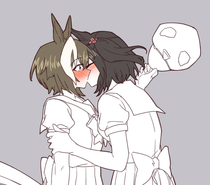 2girls, animal_ears, black_streaks, blue_eyes, blush, bow, bowtie, brown_hair