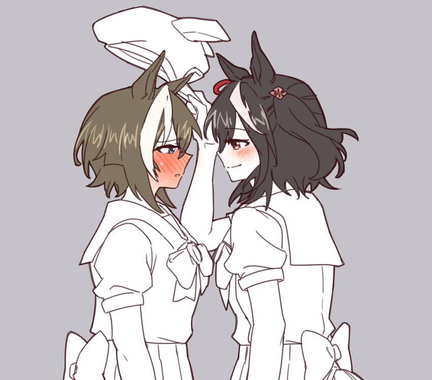 2girls, animal_ears, black_streaks, blue_eyes, blush, bow, bowtie, brown_hair