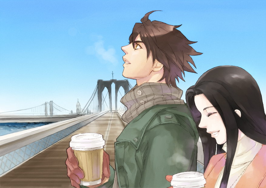 10s, bad_id, bad_pixiv_id, brown_eyes, brown_hair, coat, coffee, kaburagi_t._kotetsu, kaburagi_tomoe, long_hair, scarf, short_hair, tiger_&amp;_bunny, watama, winter_clothes, aged_down