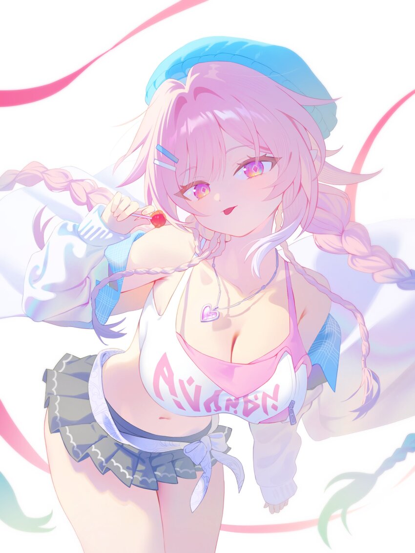 1girl, absurdres, bare_shoulders, beret, black_skirt, breasts, candy, cleavage