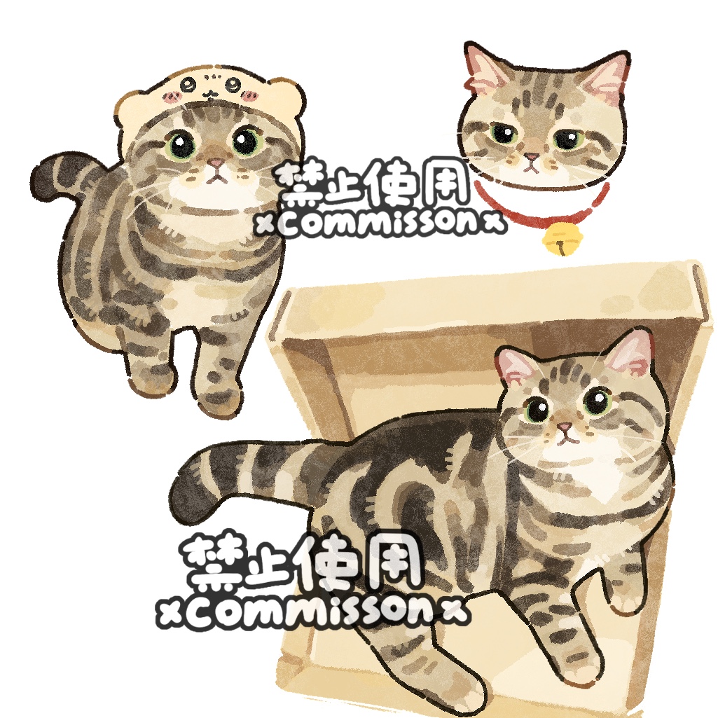 animal, animal_focus, artist_name, bell, box, cat, chiikawa, commission, dragon_li_cat, green_eyes, hat, looking_at_viewer, lying, multiple_views, neck_bell, no_humans, original, square, striped_fur, usagi_(chiikawa), watermark, whiskers, white_background, xiao_bo_kuai_kuai