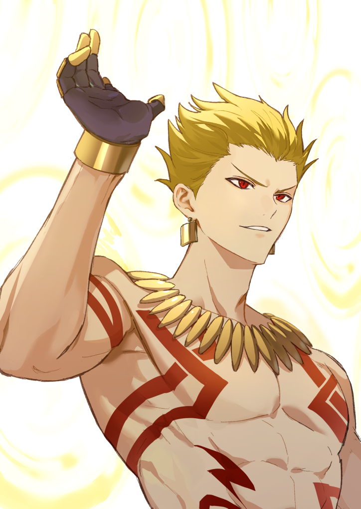 1boy, abs, arm_up, blonde_hair, body_markings, commentary_request, earrings, fate/grand_order, fate_(series), gauntlets, gilgamesh_(fate), gold_earrings, gold_necklace, hair_slicked_back, hypnr9, jewelry, male_focus, necklace, official_alternate_costume, pectorals, red_eyes, short_hair, single_gauntlet, smirk, solo, toned, toned_male, topless_male, v-shaped_eyebrows