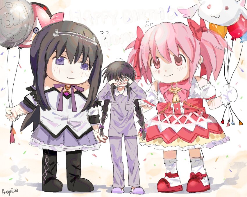 1girl, 2others, aayoii_00, akemi_homura, akemi_homura_(magical_girl), balloon, black_hair, bow