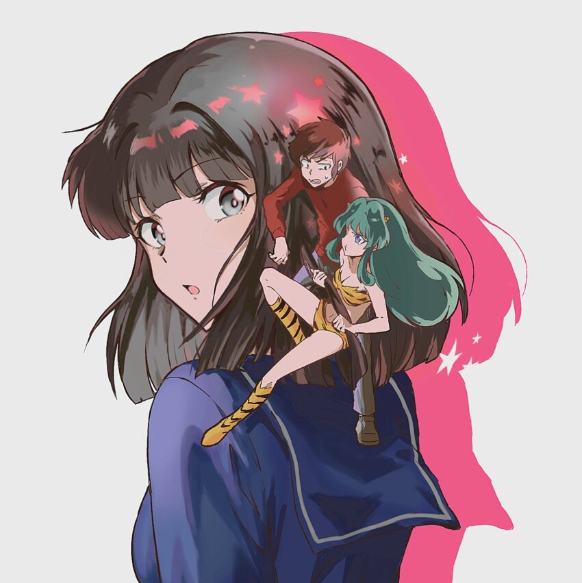 1boy, 2girls, afterimage, animal_print, bikini, blue_sailor_collar, blue_serafuku, blue_shirt