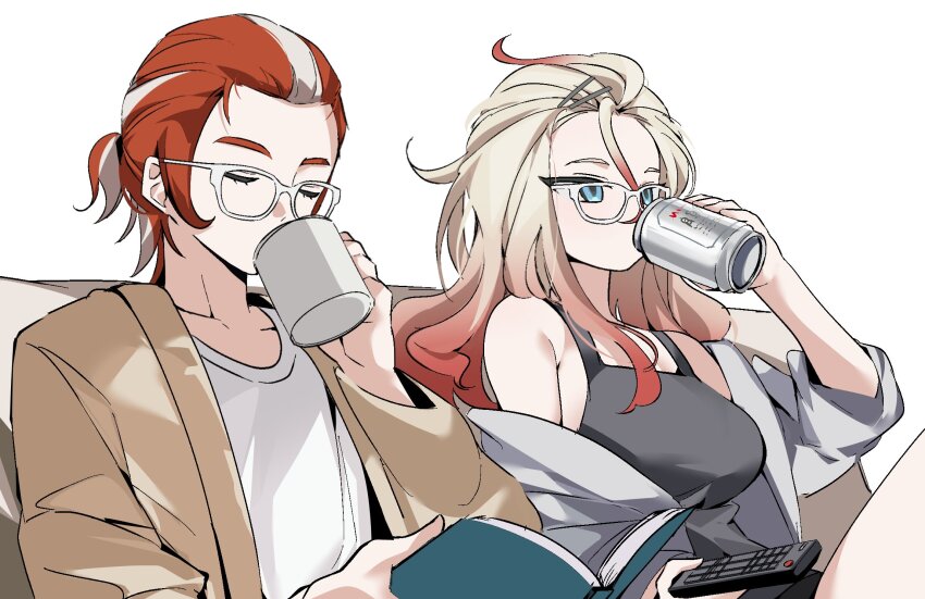 1boy, 1girl, alternate_costume, alternate_hairstyle, blonde_hair, blue_eyes, book, breasts