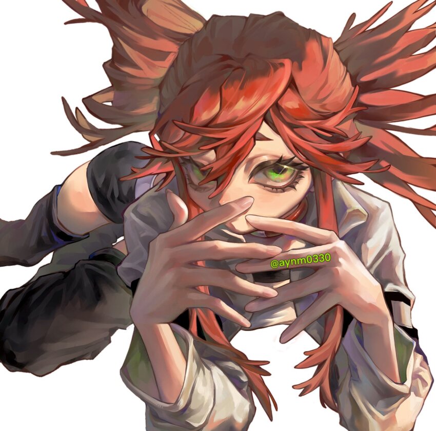 1girl, aynm010330, black_leg_warmers, black_shorts, commentary_request, cropped_jacket, folded_ponytail, gachiakuta, green_eyes, grey_jacket, hair_between_eyes, highres, jacket, leg_warmers, looking_at_viewer, red_hair, riyo_reaper, short_shorts, shorts, simple_background, solo, twitter_username, white_background