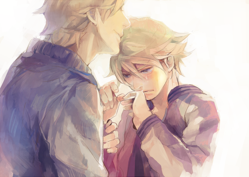 10s, 2boys, bad_id, bad_pixiv_id, blonde_hair, blue_jacket, bomber_jacket, ivan_karelin