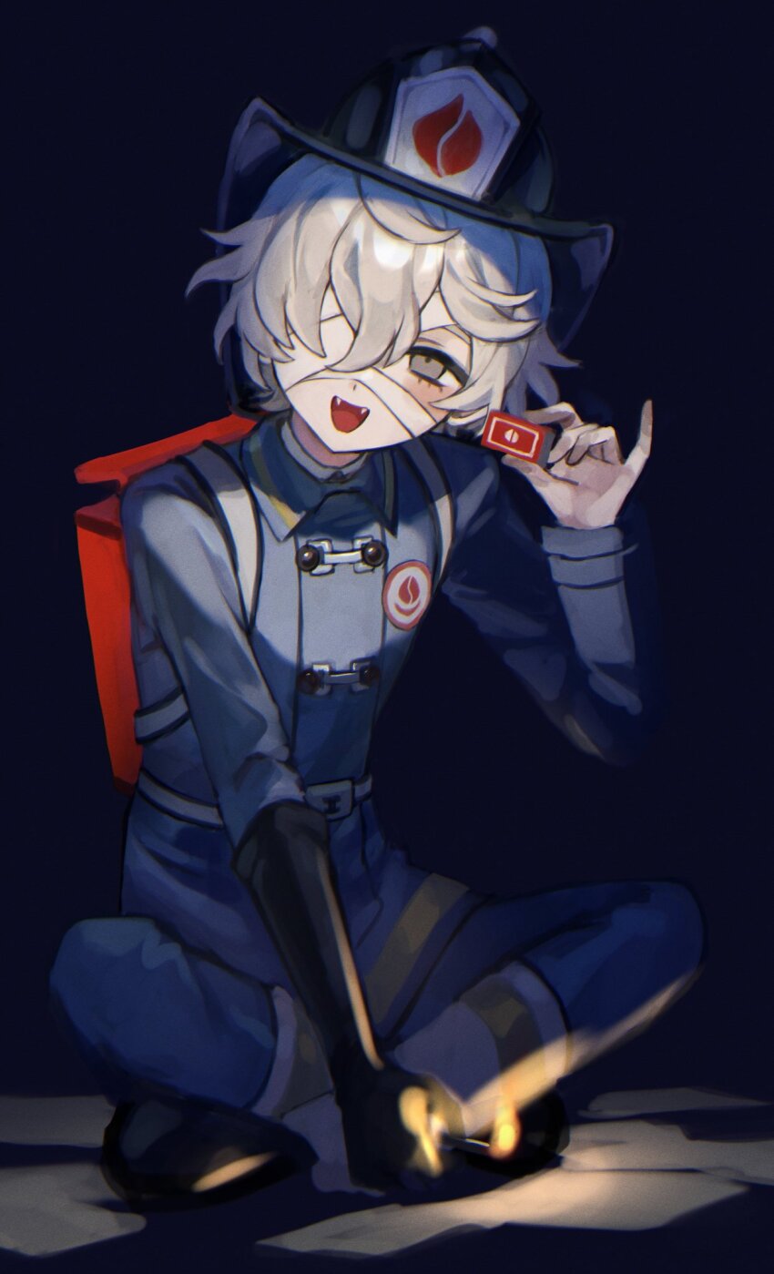 1boy, 37mimi_aim, :d, bandage_over_one_eye, black_gloves, black_hat, blonde_hair, blue_coat, coat, commentary_request, elbow_gloves, fangs, fire, firefighter_helmet, firefighter_jacket, florian_brand, full_body, gloves, grey_eyes, hat, head_tilt, highres, holding_matchstick, identity_v, indian_style, jacket, looking_at_viewer, male_focus, matchbox, matches, open_mouth, single_glove, sitting, smile, solo, wavy_hair