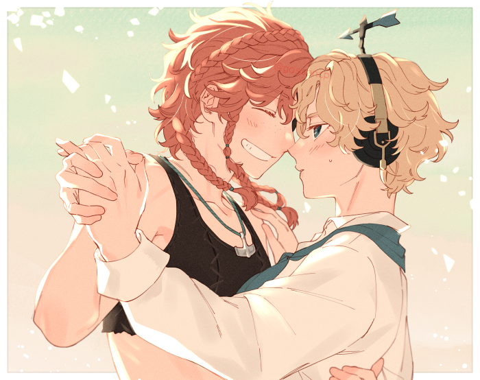 2girls, ^_^, backlighting, ballroom_dancing, blonde_hair, blue_eyes, blue_neckerchief, border, braid, brynhildr_vilulf, closed_eyes, commentary, crop_top, crown_braid, english_commentary, gossancp, gradient_background, grin, hand_on_another's_back, headphones, holding_hands, identity_v, jewelry, light_blush, light_particles, medium_hair, multiple_braids, multiple_girls, neckerchief, orange_hair, parted_lips, pendant, short_hair, small_sweatdrop, smile, striped_blush, upper_body, wendy_foote, white_border, yuri