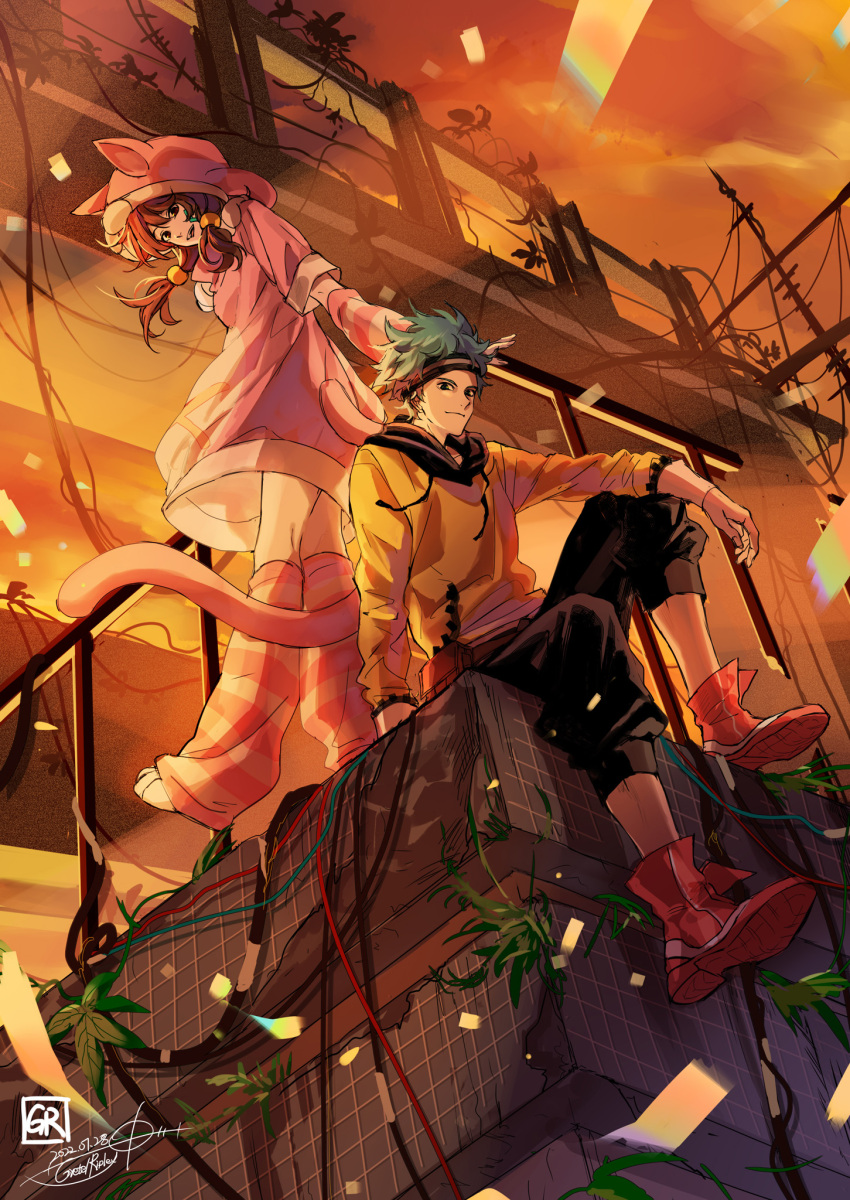 1boy, 1girl, aizaki_momo, animal_costume, animal_ears, anonymous;code, blue_hair, boots