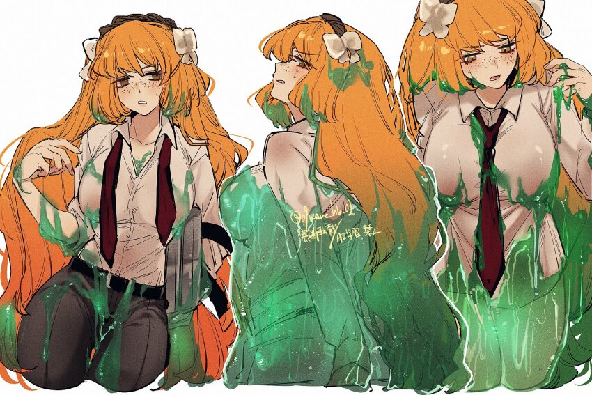 09wave_hb, 1girl, arms_behind_back, bow, breasts, brown_hairband, collared_shirt, commentary_request, e.g.o_(project_moon), freckles, green_eyes, hair_bow, hairband, ishmael_(project_moon), large_breasts, limbus_company, long_hair, multicolored_hair, multiple_views, open_mouth, orange_hair, project_moon, rope, shirt, simple_background, sloshing_(e.g.o), streaked_hair, technology_liberation_alliance_(identity)_(project_moon), very_long_hair, white_background, white_bow, white_shirt