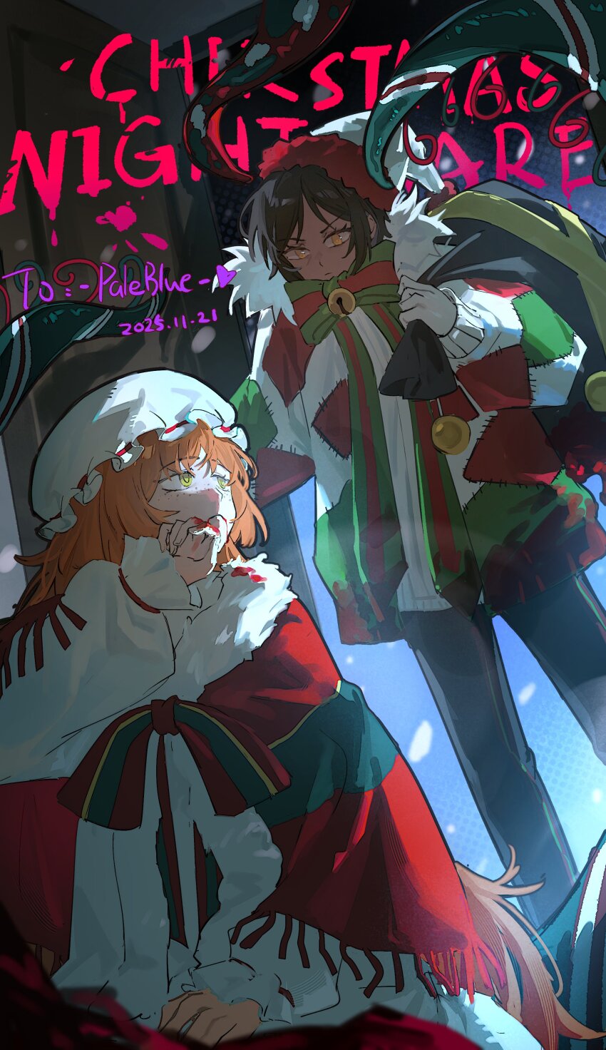 2girls, absurdres, black_pants, blood, blood_on_clothes, blood_on_face, blood_on_hands, bow