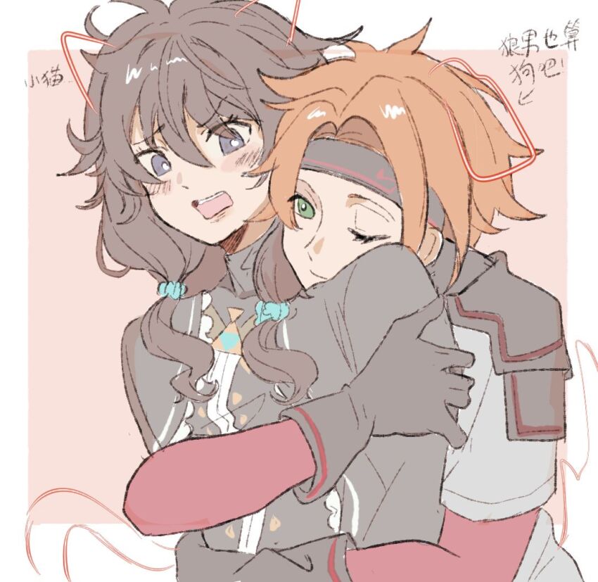 armor, black_armor, black_hair, blue_eyes, blush, commentary_request, couple, evefes0805