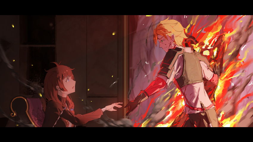 armor, black_armor, burning, burning_building, burning_clothes, commentary, english_commentary, gloves