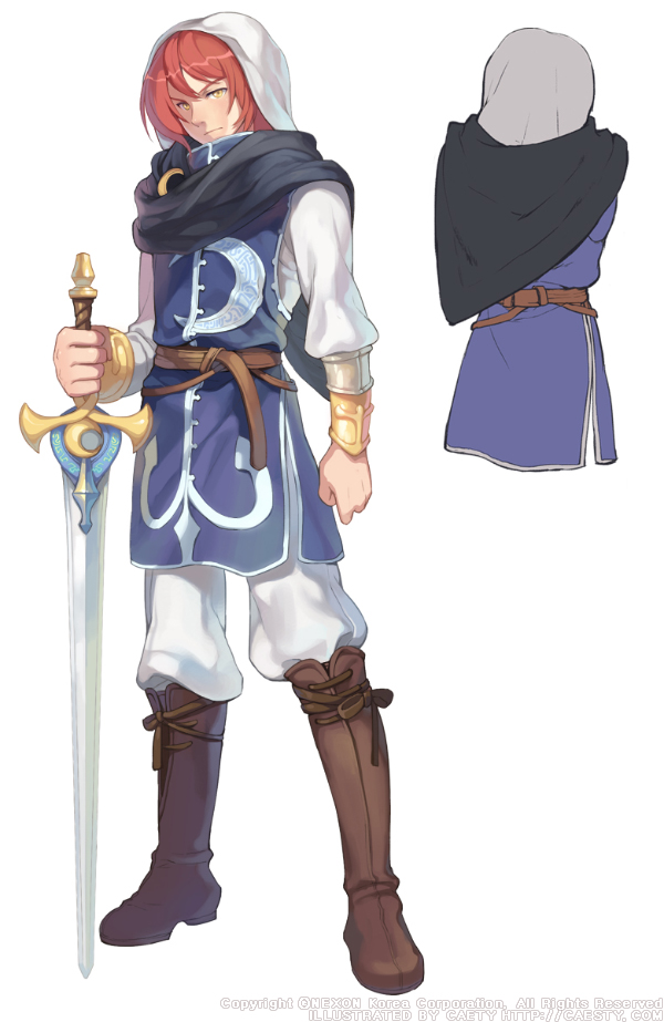 1boy, artist_name, baggy_pants, belt, black_scarf, blue_tabard, boots, bracer, brown_belt, brown_boots, caesty, clenched_hand, closed_mouth, commentary_request, company_name, concept_art, copyright_notice, crescent, english_text, full_body, gold_bracer, hair_between_eyes, hector_(tales_weaver), holding, holding_sword, holding_weapon, hood, hood_up, knee_boots, korean_commentary, lace-up_boots, legs_apart, light_frown, looking_at_viewer, male_focus, nexon, official_art, pants, print_tabard, production_art, scarf, simple_background, solo, standing, sword, tabard, tales_weaver, v-shaped_eyebrows, watermark, weapon, web_address, white_background, white_hood, white_pants, white_sleeves, wrist_guards, yellow_eyes