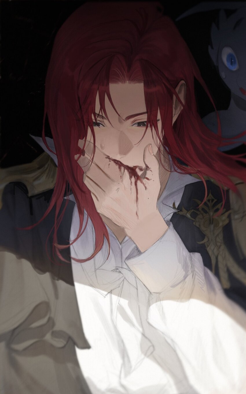 1boy, biting, black_background, black_coat, bleeding, blood, blood_from_mouth, blood_on_face