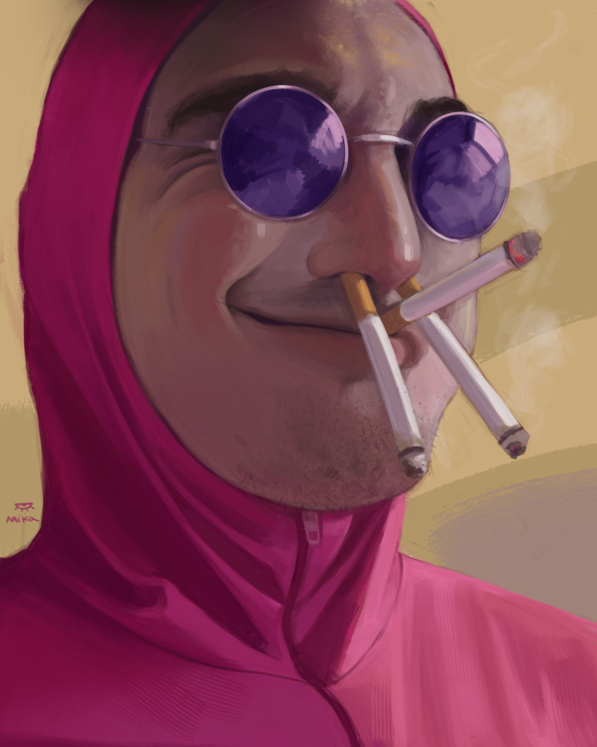 1boy, absurdres, artist_name, bodysuit, cigarette_in_nose, commentary, english_commentary, facial_hair, glasses, goatee_stubble, grin, highres, hood, hooded_bodysuit, kamikaze_mika, male_focus, pink_bodysuit, pink_guy, purple-tinted_eyewear, round_eyewear, smile, solo, stubble, tinted_eyewear, tvfilthyfrank, unlit_cigarette_in_mouth, zipper