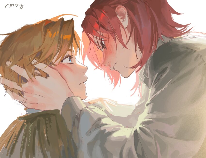 2boys, alberu_crossman, artist_name, blonde_hair, blue_eyes, blush, cale_henituse, closed_mouth