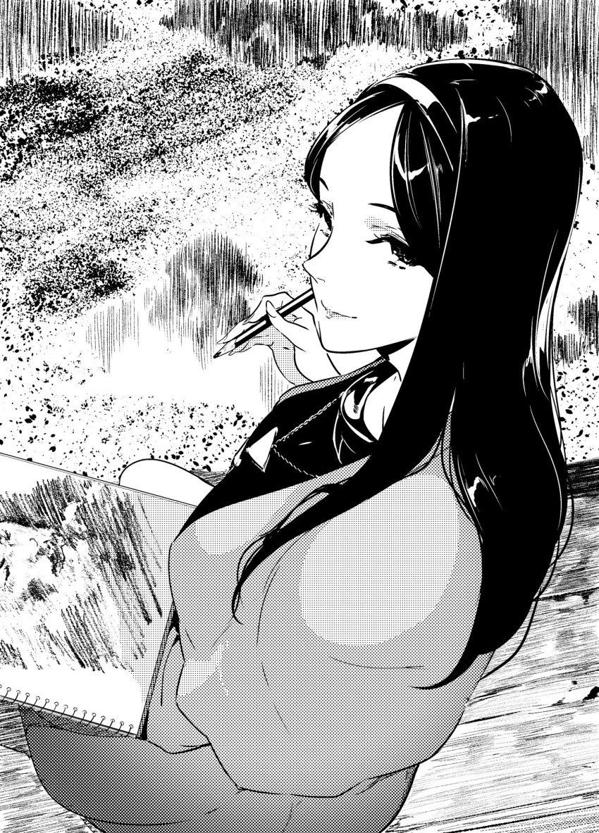 1girl, black_hair, breasts, capelet, closed_mouth, eye_of_providence, from_side, greyscale
