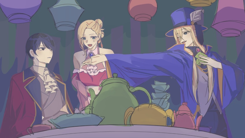 1girl, 2boys, arabian_clothes, black_eyes, black_hair, blonde_hair, blue_hat, braid