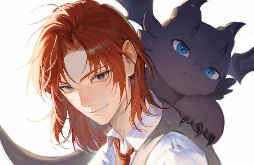 1boy, absurdres, blue_eyes, cale_henituse, closed_mouth, collared_shirt, commentary_request, creature