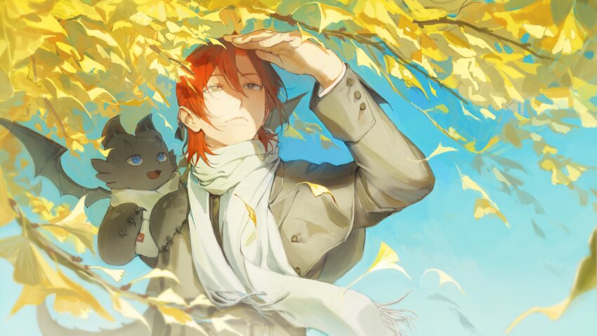 1boy, absurdres, animal, animal_on_shoulder, autumn_leaves, blue_eyes, blue_sky, branch