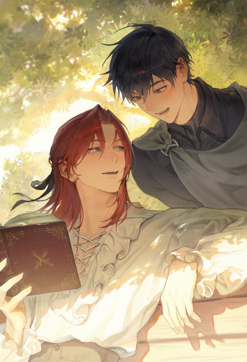 2boys, :d, bench, black_eyes, black_hair, black_ribbon, black_shirt, blush