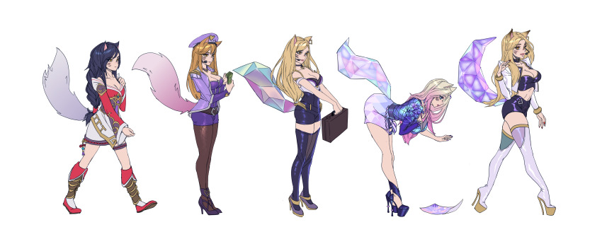 5girls, absurdres, ahri_(league_of_legends), animal_ears, bent_over, bimbofication, black_hair, blonde_hair, boots, braid, breasts, commentary, crystal_tail, dawvil, debimbofication_(meme), english_commentary, facial_mark, fox_ears, fox_girl, fox_tail, full_body, hat, headset, high_heels, highres, holding, holding_money, holding_suitcase, jacket, k/da_(league_of_legends), k/da_ahri, k/da_all_out_ahri, large_breasts, league_of_legends, long_hair, long_sleeves, meme, money, multiple_girls, multiple_persona, peaked_cap, pink_skirt, platform_heels, popstar_ahri, purple_hat, purple_jacket, purple_shoes, red_nails, shoes, simple_background, skirt, stiletto_heels, suitcase, tail, thigh_boots, thigh_strap, thighs, walking, whisker_markings, white_background