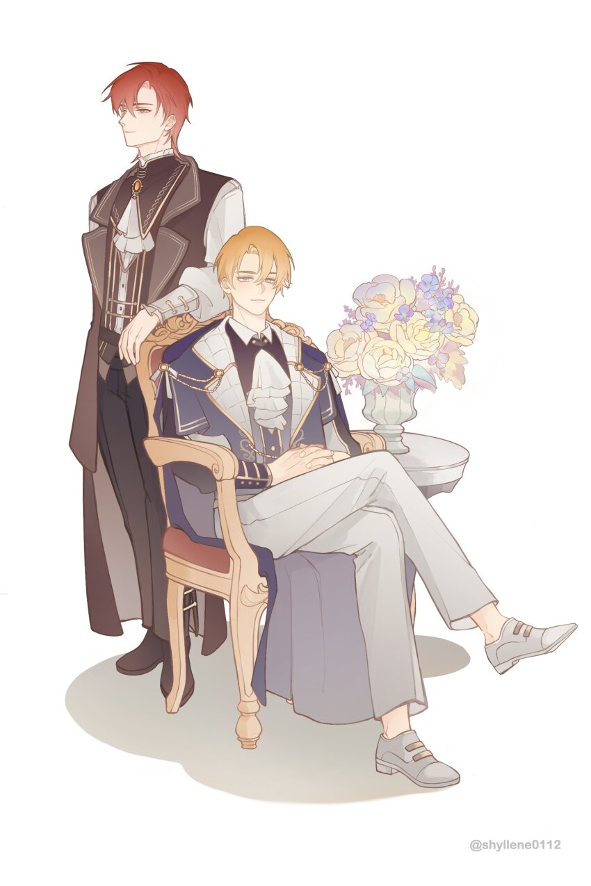 2boys, absurdres, alberu_crossman, ascot, black_pants, blonde_hair, blue_eyes, brown_vest