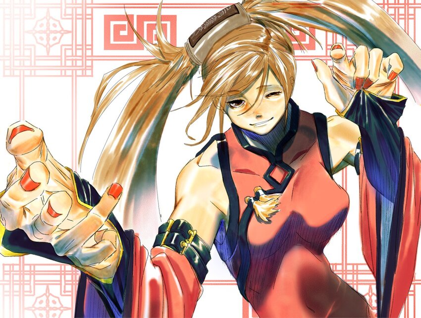 1girl, bare_shoulders, border, breasts, brown_eyes, brown_hair, can, china_dress