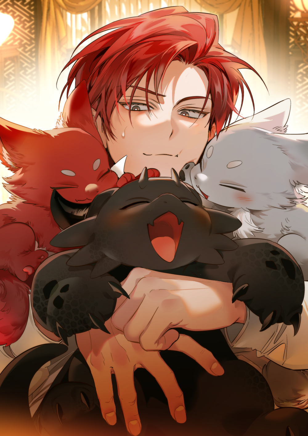 1boy, animal, animal_hug, blush, brown_eyes, cale_henituse, cat, closed_eyes
