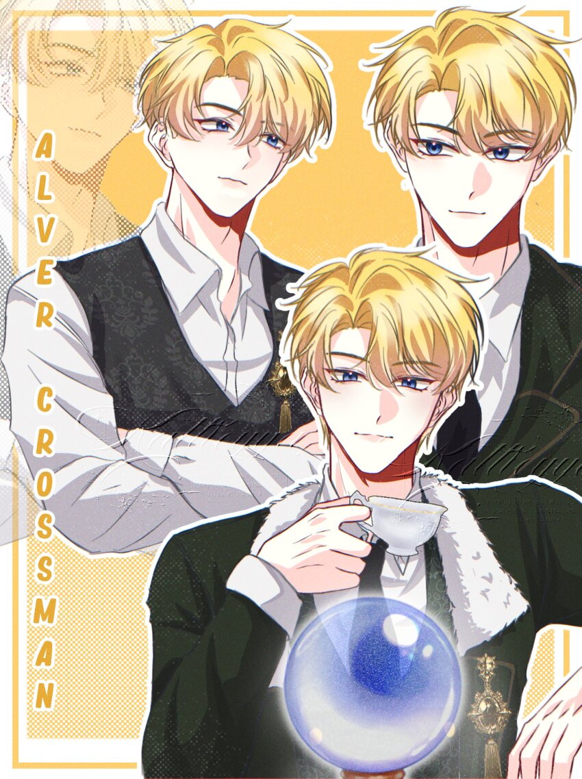 1boy, alberu_crossman, black_necktie, black_vest, blonde_hair, blue_eyes, character_name, closed_mouth