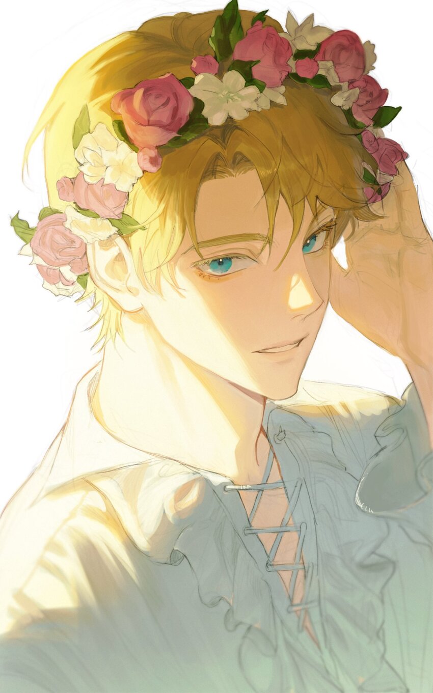 1boy, alberu_crossman, bishounen, blonde_hair, blue_eyes, commentary_request, cross-laced_clothes, flower
