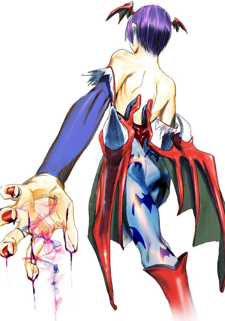 1girl, animal_print, ass, back, bare_shoulders, bat_print, blood, blood_drip, blood_on_hands, blue_pantyhose, boots, commentary, cropped_legs, darkstalkers, demon_girl, demon_wings, detached_sleeves, feet_out_of_frame, from_behind, head_wings, leotard, lilith_(darkstalkers), low_wings, magic, nail_polish, pantyhose, print_pantyhose, purple_hair, purple_sleeves, red_boots, red_leotard, red_nails, red_wings, short_hair, simple_background, solo, storyteller777, white_background, wings