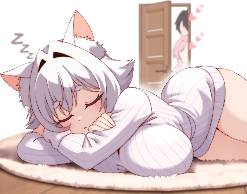 1boy, 2girls, :<, absurdres, aijou_rentarou, animal_ear_fluff, animal_ears, bare_legs