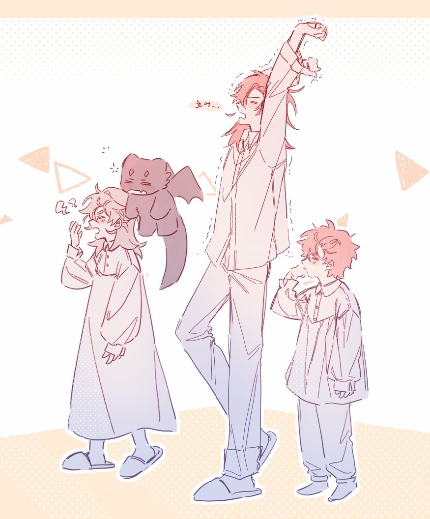 1girl, 3boys, aged_down, blue_pajamas, brothers, brushing_teeth, cale_henituse, closed_eyes