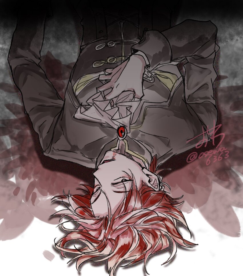1boy, ascot, black_jacket, blood, cale_henituse, commentary_request, hand_on_own_chest, highres, jacket, long_sleeves, looking_at_viewer, lout_of_count's_family, lying, male_focus, multicolored_hair, on_back, open_mouth, osewa6363, red_hair, short_hair, signature, solo, twitter_username, upper_body, upside-down, white_ascot, white_hair, wings