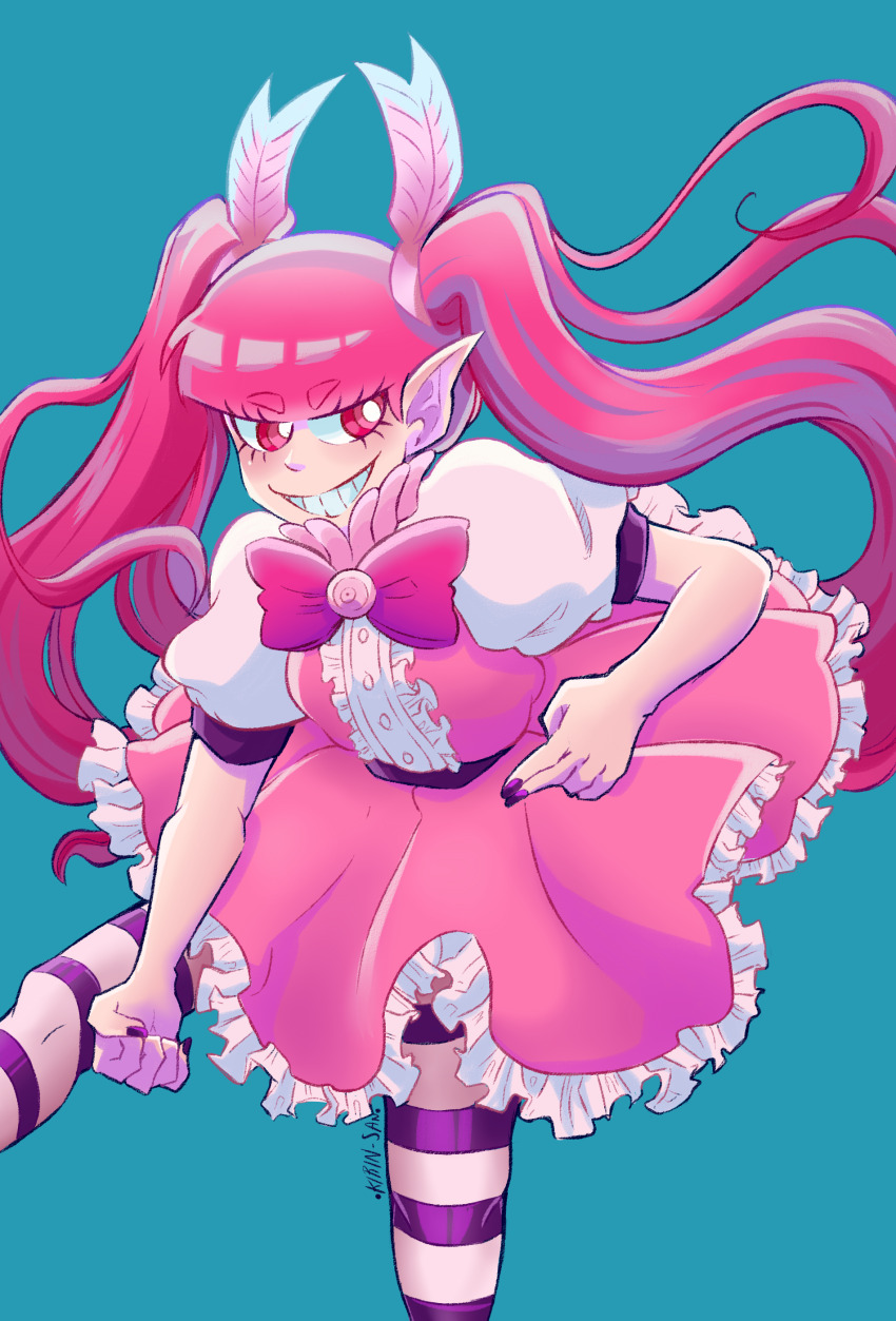 1girl, absurdres, artist_name, barbatos_bachiko, black_nails, blue_background, blunt_bangs, bow