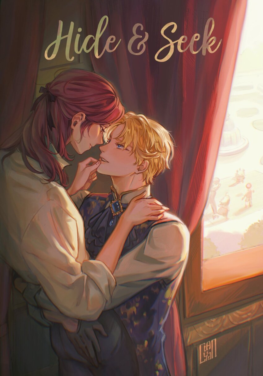 2boys, alberu_crossman, artist_name, ascot, black_pants, blonde_hair, blue_ascot, blue_eyes, blue_vest, cale_henituse, ciancy_an, curtains, eye_contact, finger_to_another's_mouth, gloves, hair_ribbon, hand_on_another's_chin, highres, imminent_kiss, indoors, long_hair, long_sleeves, looking_at_another, lout_of_count's_family, male_focus, multiple_boys, pants, ponytail, red_hair, ribbon, shirt, short_hair, smile, vest, white_shirt, window, yaoi