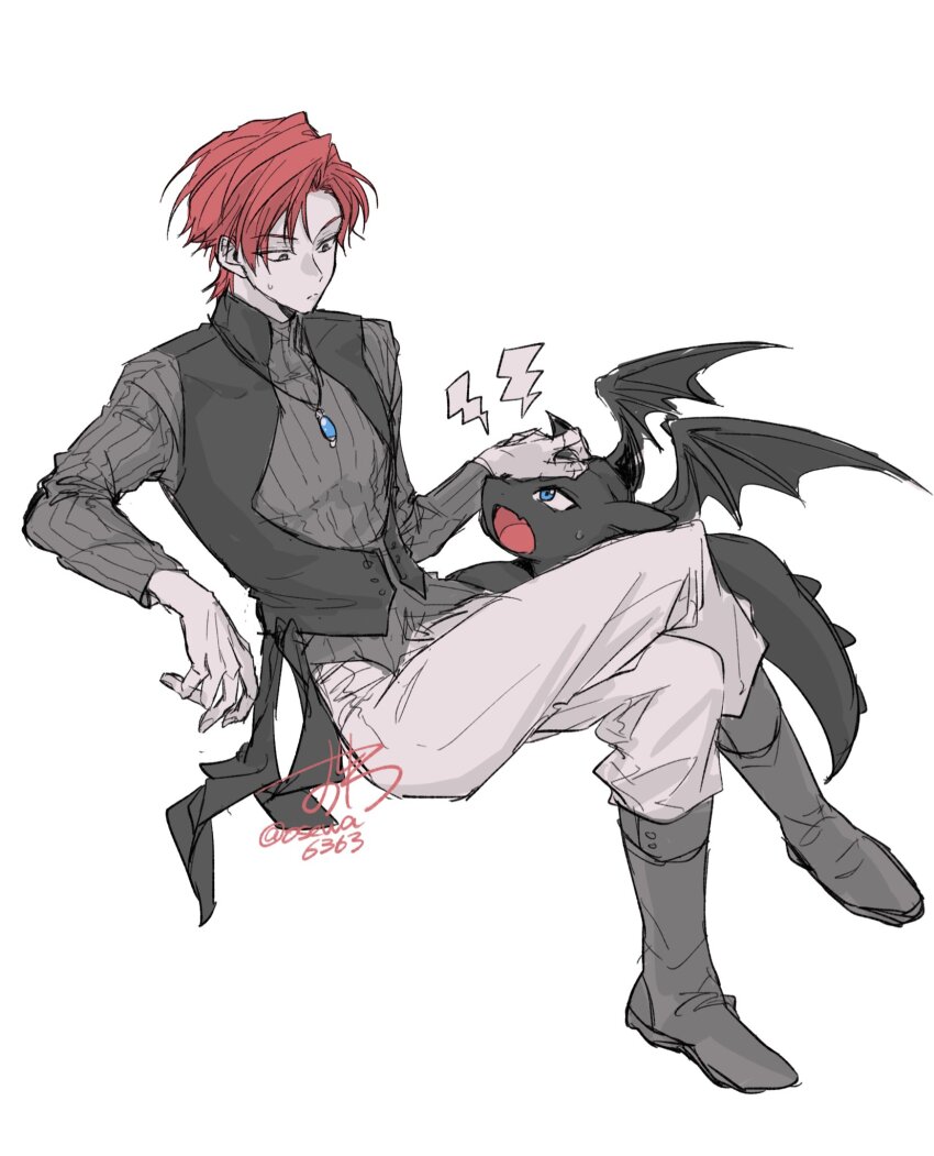 1boy, black_vest, blue_eyes, boots, cale_henituse, closed_mouth, commentary_request, crossed_legs