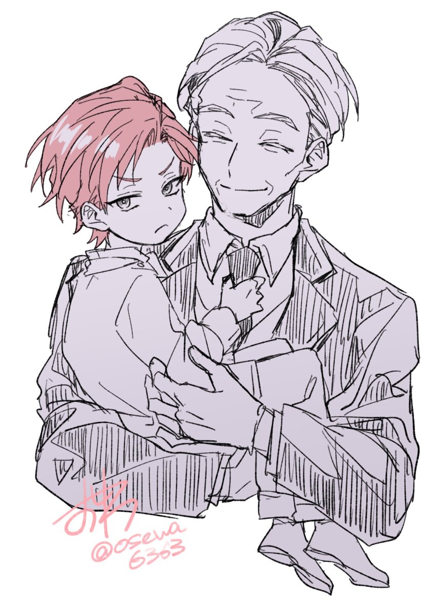 2boys, adjusting_clothes, adjusting_necktie, age_difference, black_necktie, cale_henituse, carrying, carrying_person