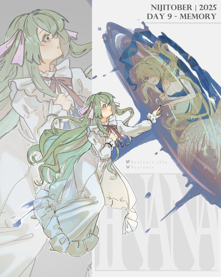 2girls, :o, absurdres, air_bubble, alternate_costume, alternate_eye_color, alternate_universe, bealouis_illu