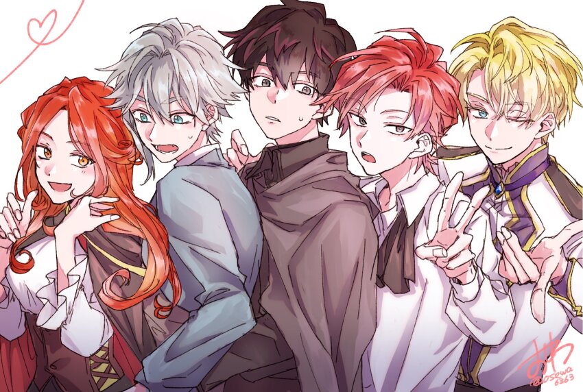 1girl, 4boys, alberu_crossman, ascot, black_hair, blonde_hair, blue_eyes, brown_cape, brown_cloak, brown_hair, cale_henituse, cape, choi_han, cloak, commentary_request, grey_eyes, grey_hair, highres, lock_(lout_of_count's_family), long_hair, long_sleeves, looking_at_viewer, lout_of_count's_family, multiple_boys, one_eye_closed, open_mouth, osewa6363, red_hair, rosalyn_(lout_of_count's_family), shirt, short_hair, simple_background, smile, v, white_background, yellow_eyes