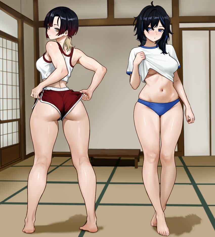 2girls, ahoge, ass, asymmetrical_bangs, ayase_yuu, bare_legs, barefoot, black_hair, blonde_hair, blue_eyes, blue_hair, blue_panties, breasts, brown_eyes, clothes_pull, commentary, commission, crop_top, crossed_legs, dolphin_shorts, fingernails, from_behind, full_body, gradient_hair, heterochromia, highres, indoors, kannagi_loki, kneepits, knees, large_breasts, looking_at_viewer, messy_hair, midriff, multicolored_hair, multiple_girls, navel, nihu, no_pants, panties, phase_connect, red_eyes, red_shorts, second-party_source, shadow, shirt, shirt_pull, short_shorts, short_sleeves, shorts, shorts_pull, shouji, sideboob, skindentation, sliding_doors, sportswear, standing, streaked_hair, tank_top, tatami, toenails, toes, underwear, virtual_youtuber, watson_cross, white_shirt, white_tank_top, wolf_cut