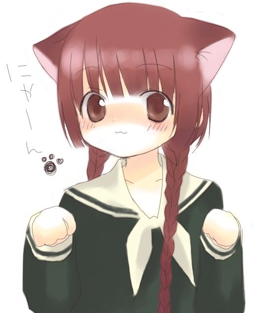 00s, 1girl, :3, animal_ears, blush, braid, brown_eyes, cat_ears