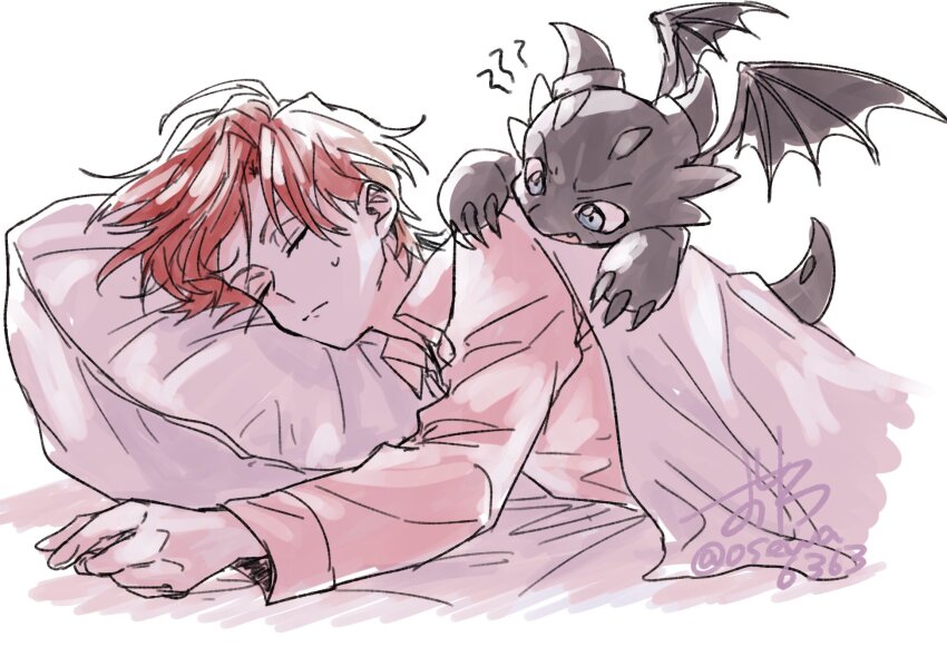 1boy, bed, cale_henituse, closed_eyes, closed_mouth, commentary_request, dragon, highres