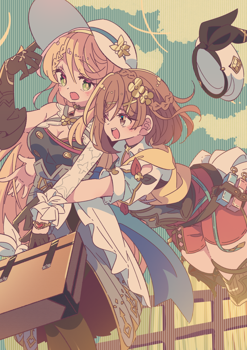 2girls, atelier_(series), atelier_ryza, atelier_ryza_3, belt, black_pantyhose, blonde_hair, blush